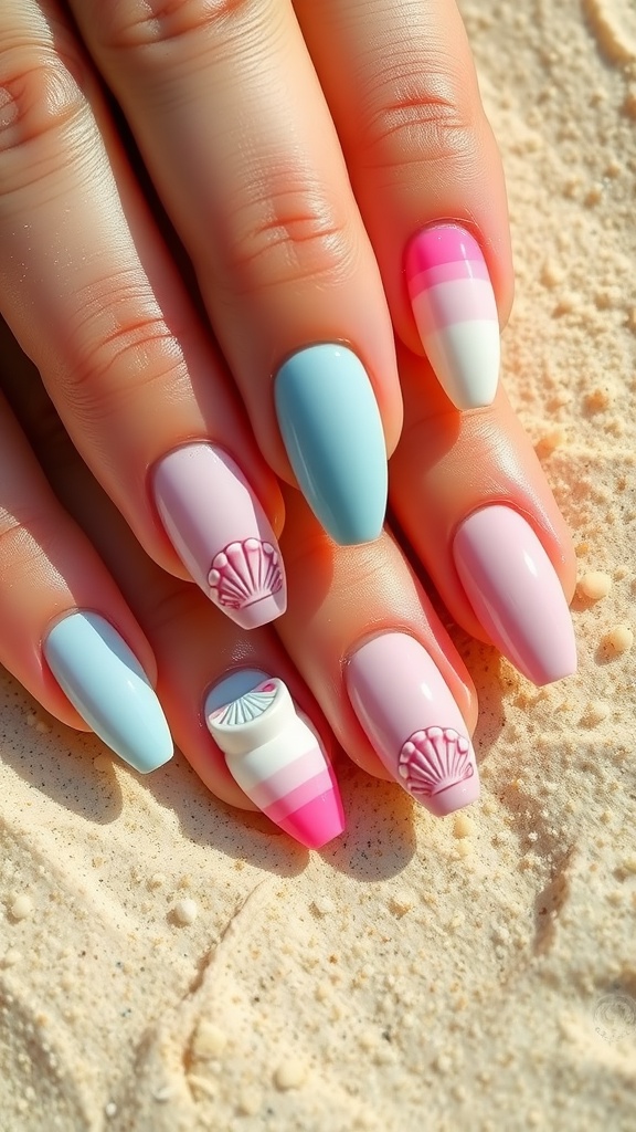 Summer nail art with 3D clam designs on pastel colored nails, set against a beach backdrop.
